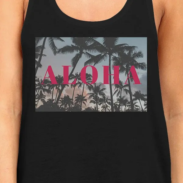 Aloha Letter Printed Womens Black Lightweight Cotton Sleeveless Top