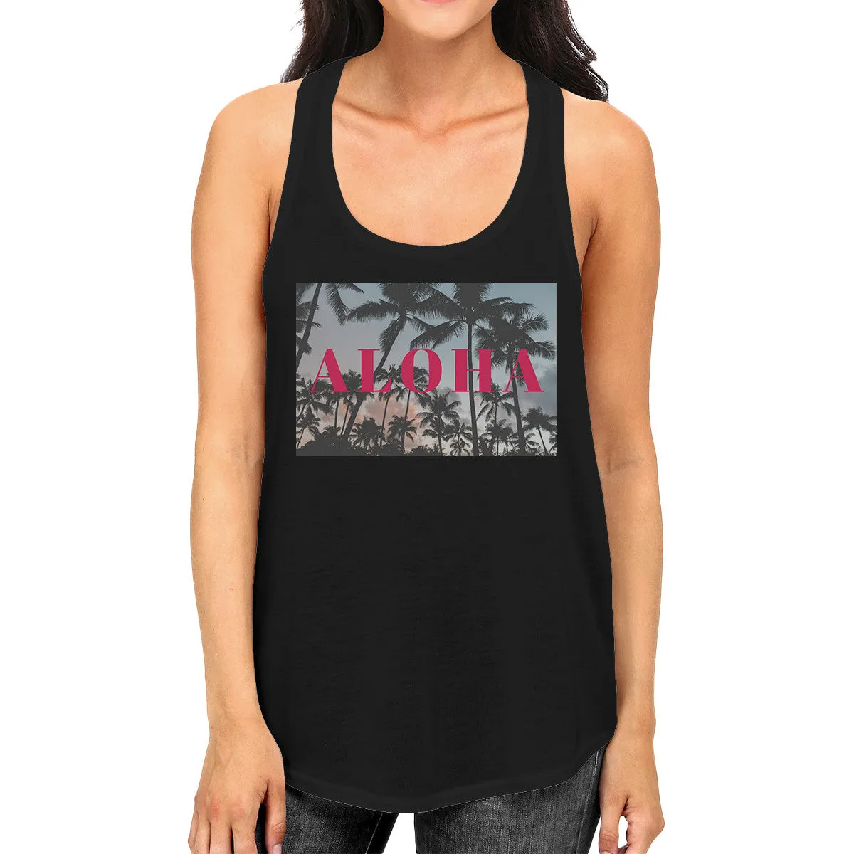 Aloha Letter Printed Womens Black Lightweight Cotton Sleeveless Top