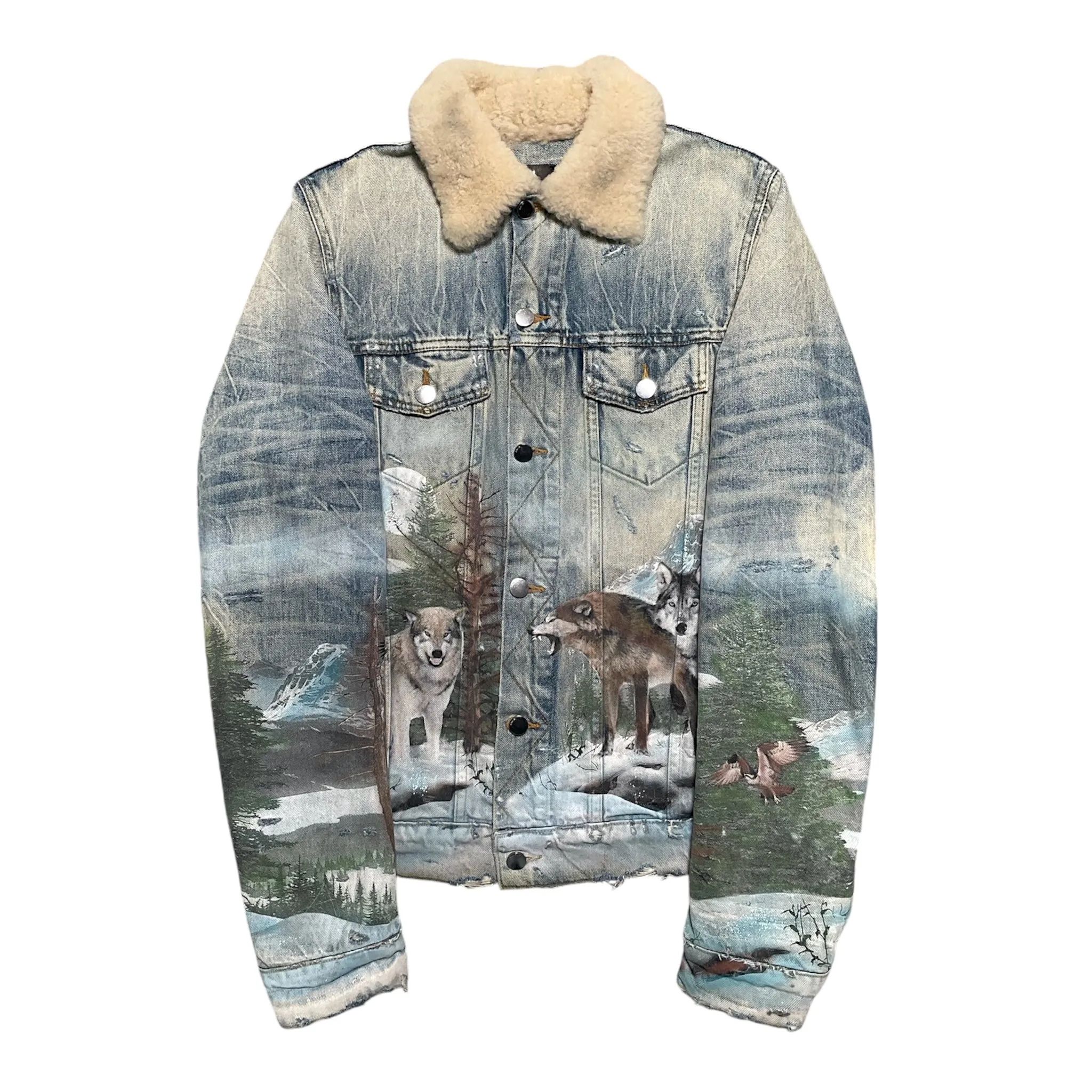 Amiri Shearling Distressed Painted Wolves Trucker Jacket  Indigo Pre-Owned