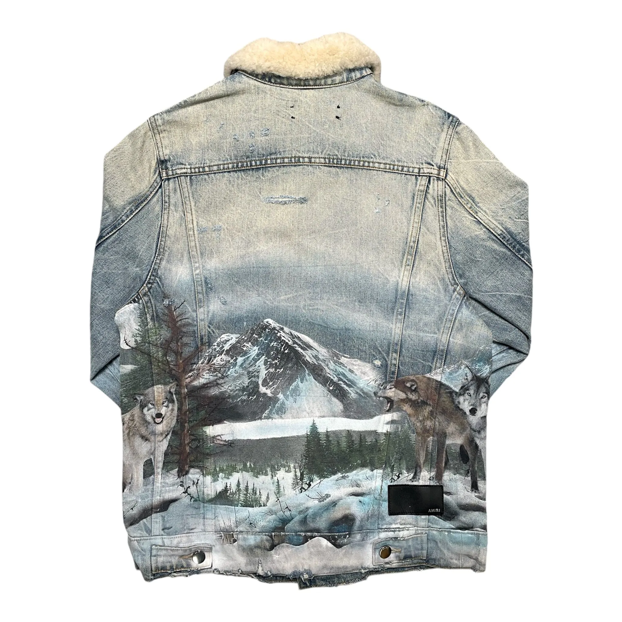 Amiri Shearling Distressed Painted Wolves Trucker Jacket  Indigo Pre-Owned