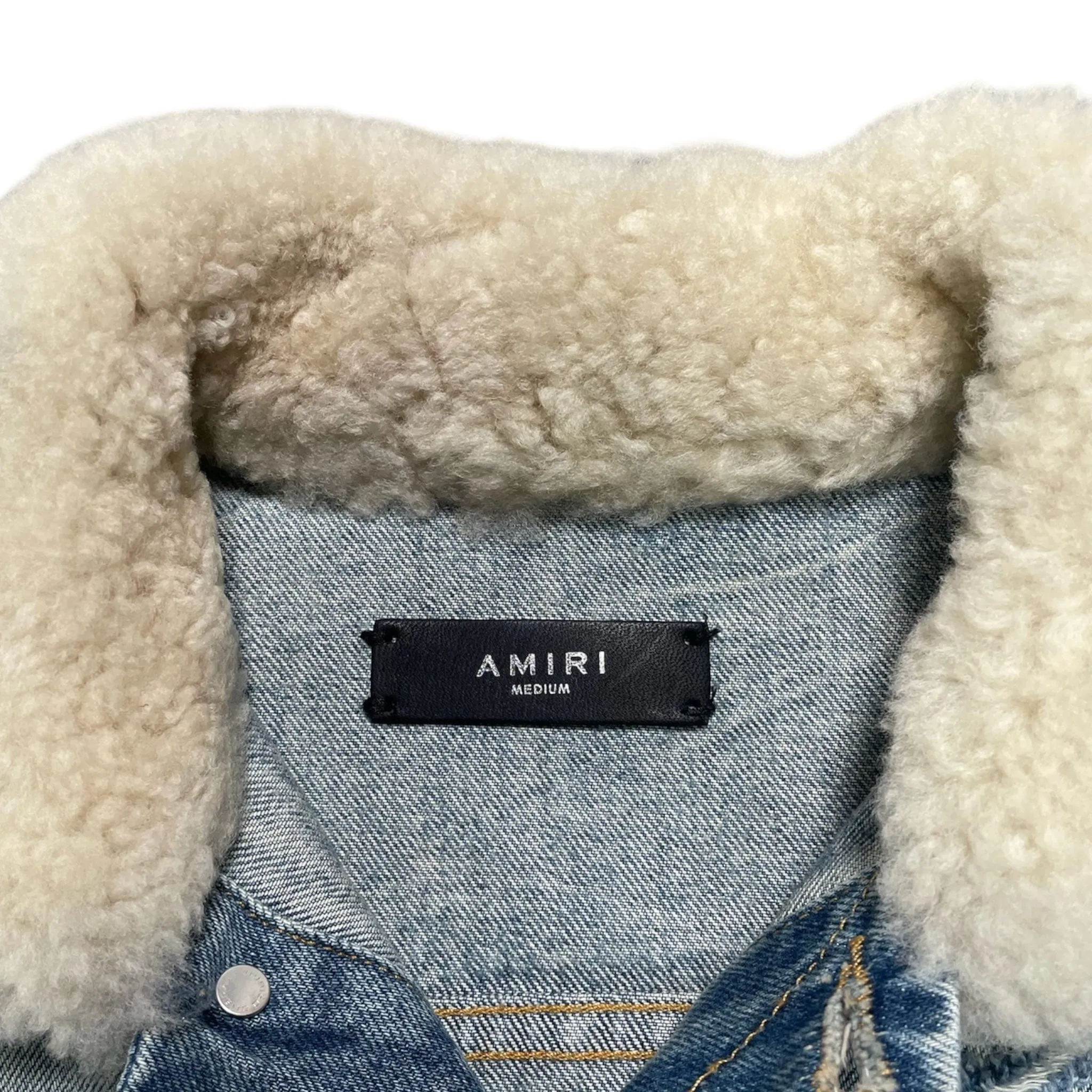 Amiri Shearling Distressed Painted Wolves Trucker Jacket  Indigo Pre-Owned