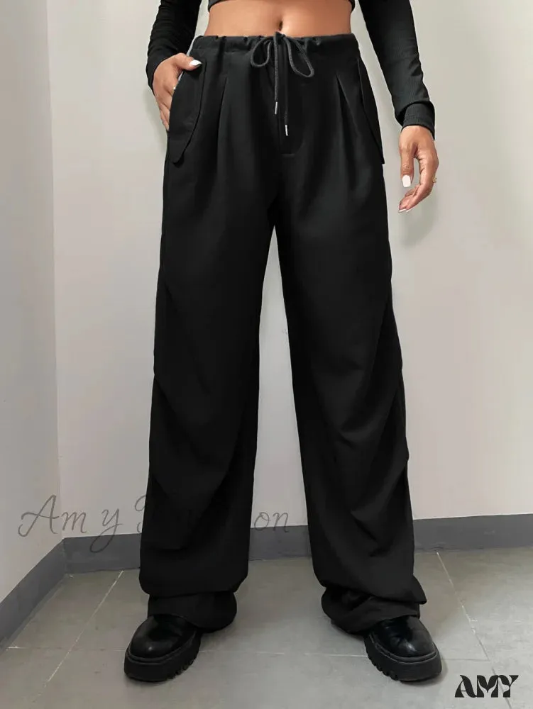 Amy Fashion - Solid Drawstring Waist Parachute Pants