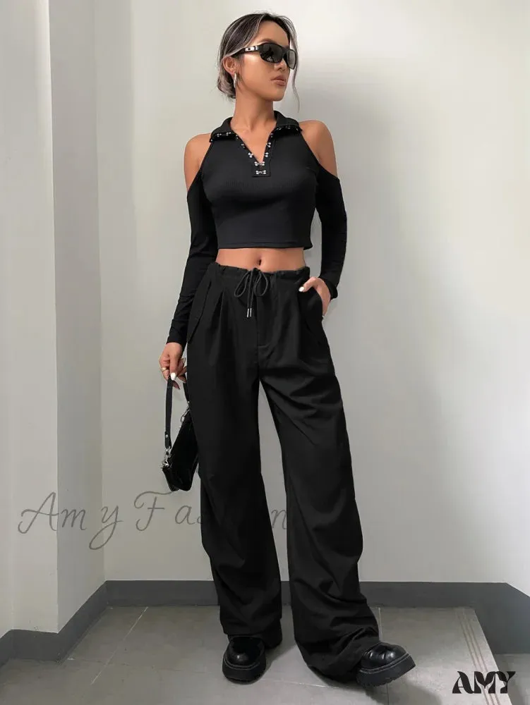 Amy Fashion - Solid Drawstring Waist Parachute Pants