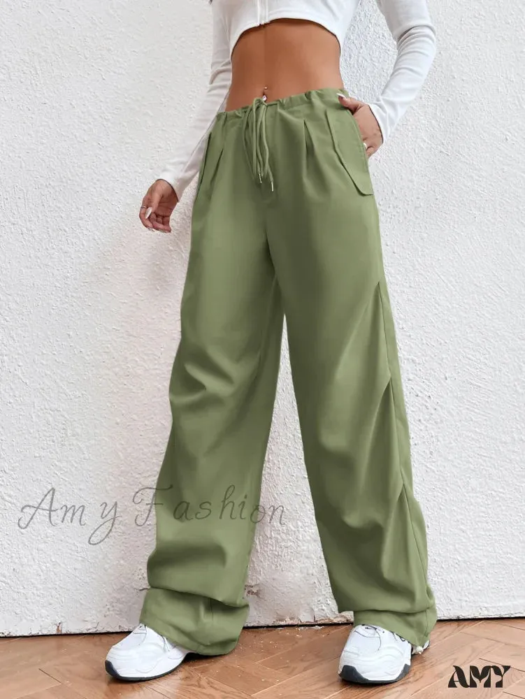 Amy Fashion - Solid Drawstring Waist Parachute Pants