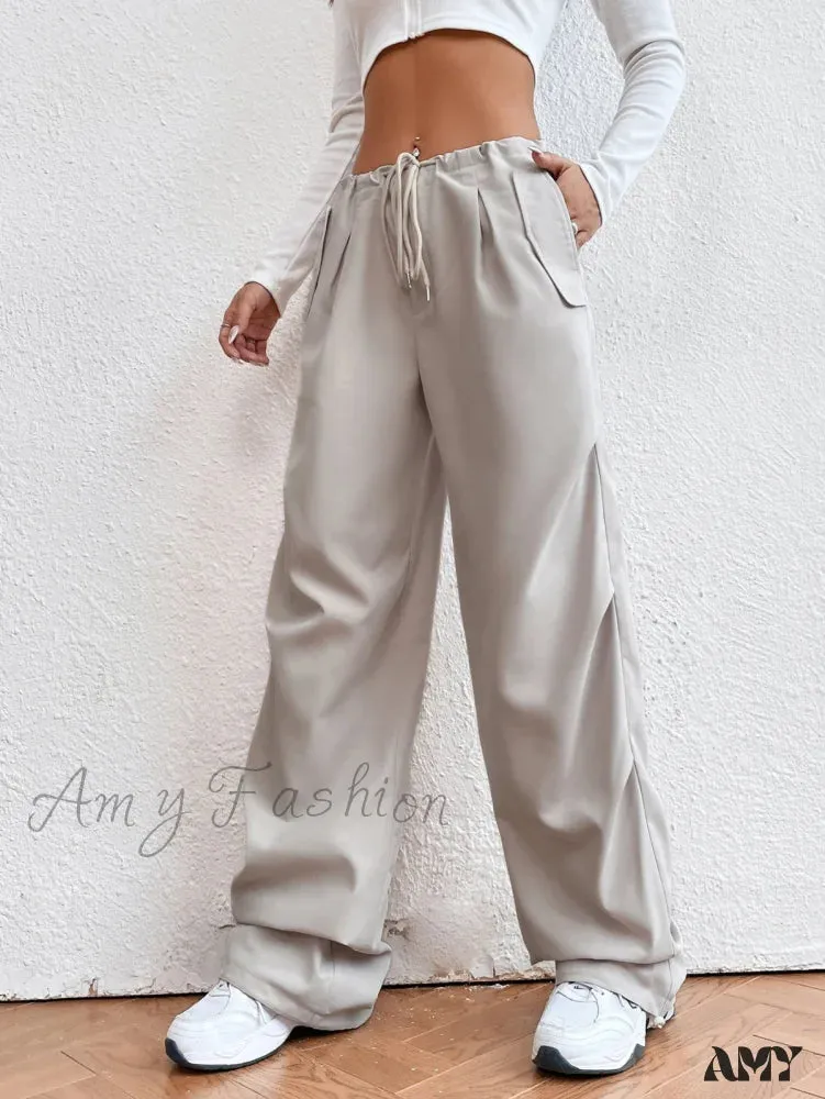 Amy Fashion - Solid Drawstring Waist Parachute Pants