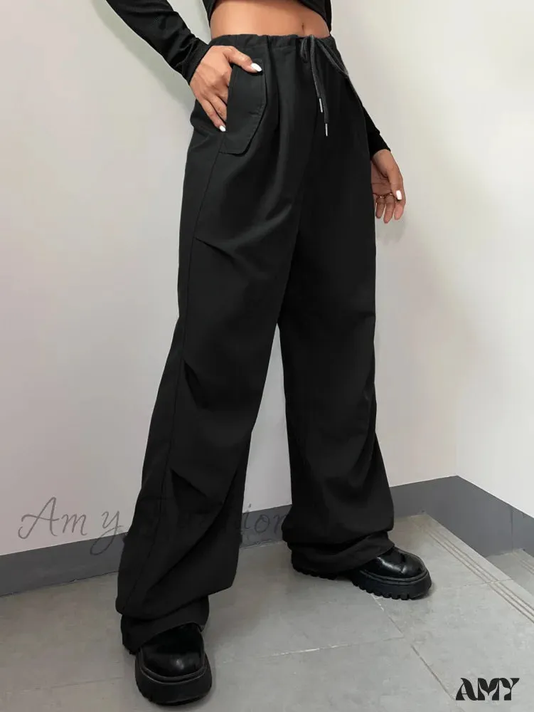 Amy Fashion - Solid Drawstring Waist Parachute Pants