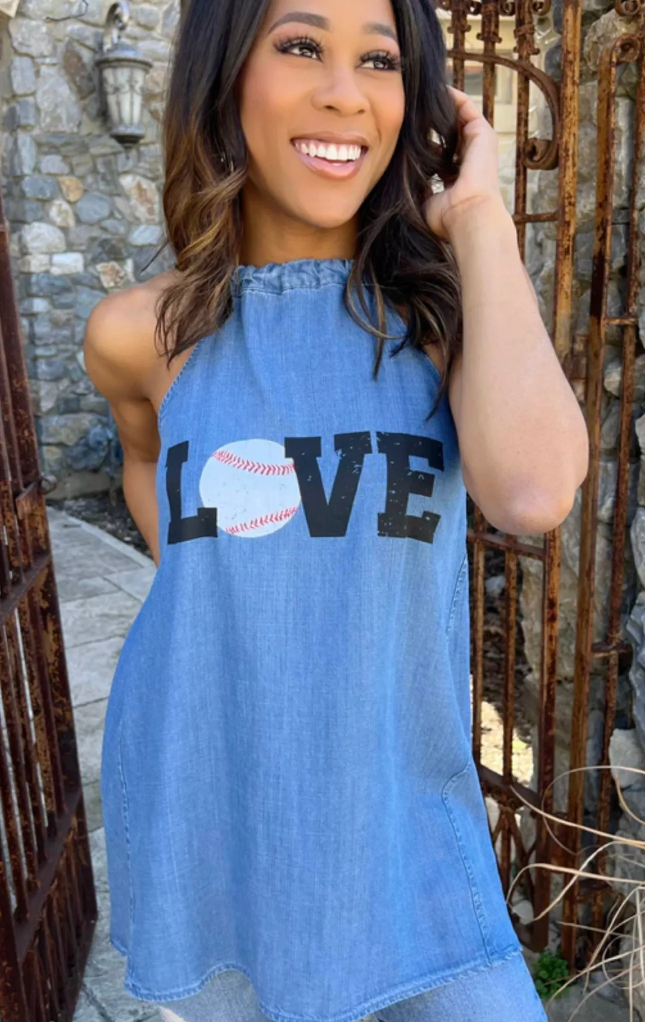 Baseball Chambray Denim Halter Tops