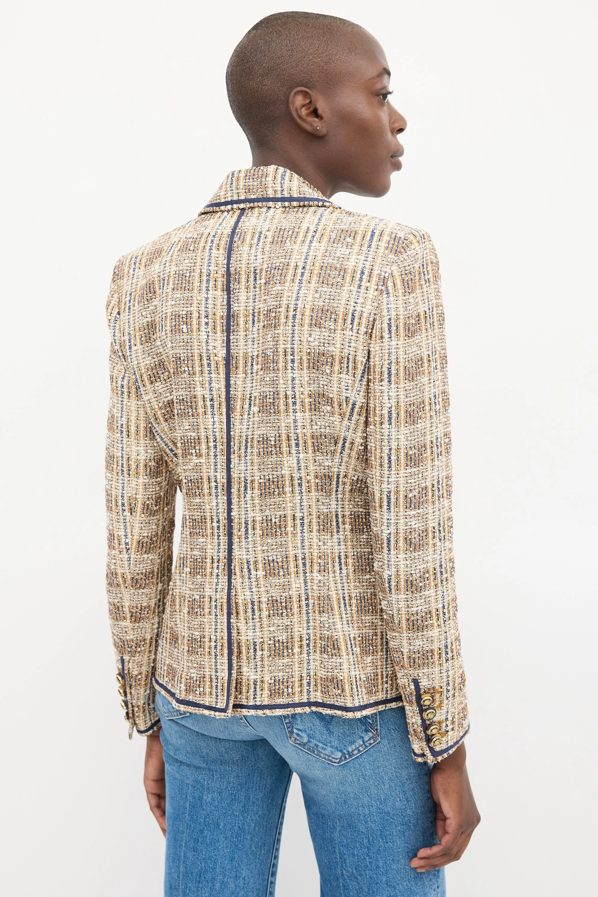 Beige & Navy Tweed Double Breasted Blazer