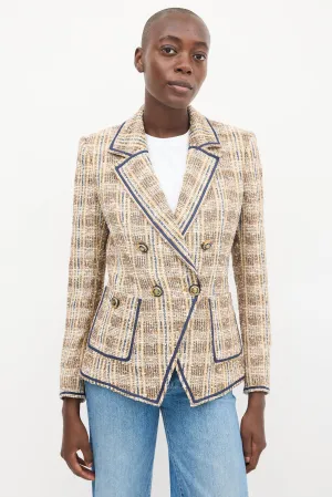 Beige & Navy Tweed Double Breasted Blazer