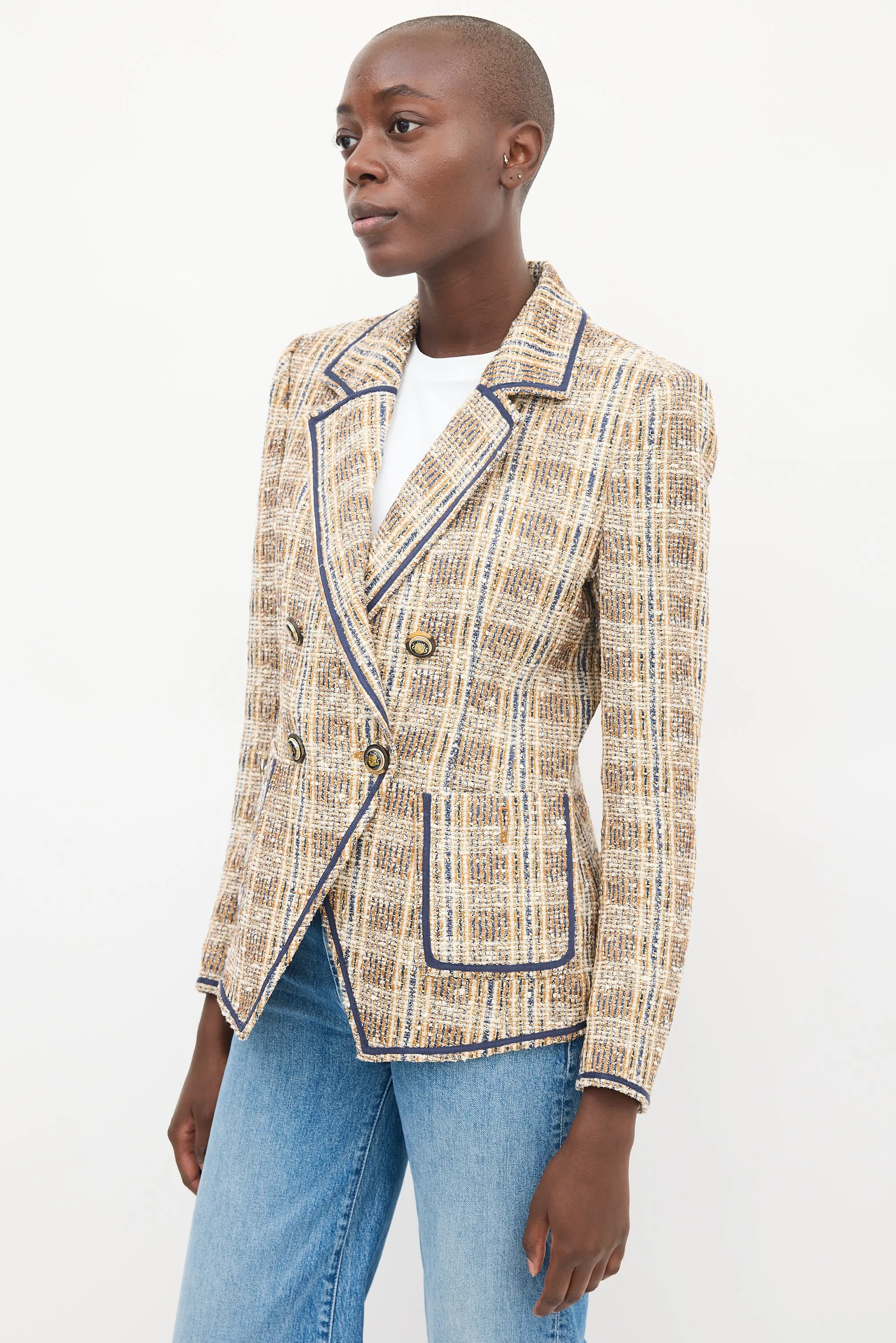 Beige & Navy Tweed Double Breasted Blazer