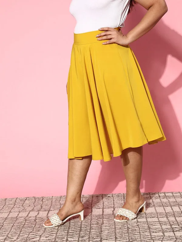 Berrylush Women Plus Size Solid Yellow Polyester Slip-On High-Rise Waist Flared Midi Skirt