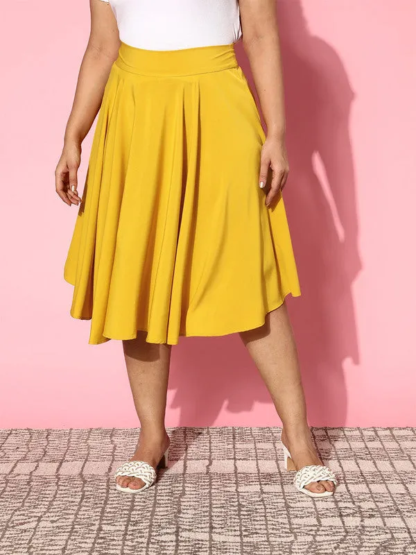 Berrylush Women Plus Size Solid Yellow Polyester Slip-On High-Rise Waist Flared Midi Skirt