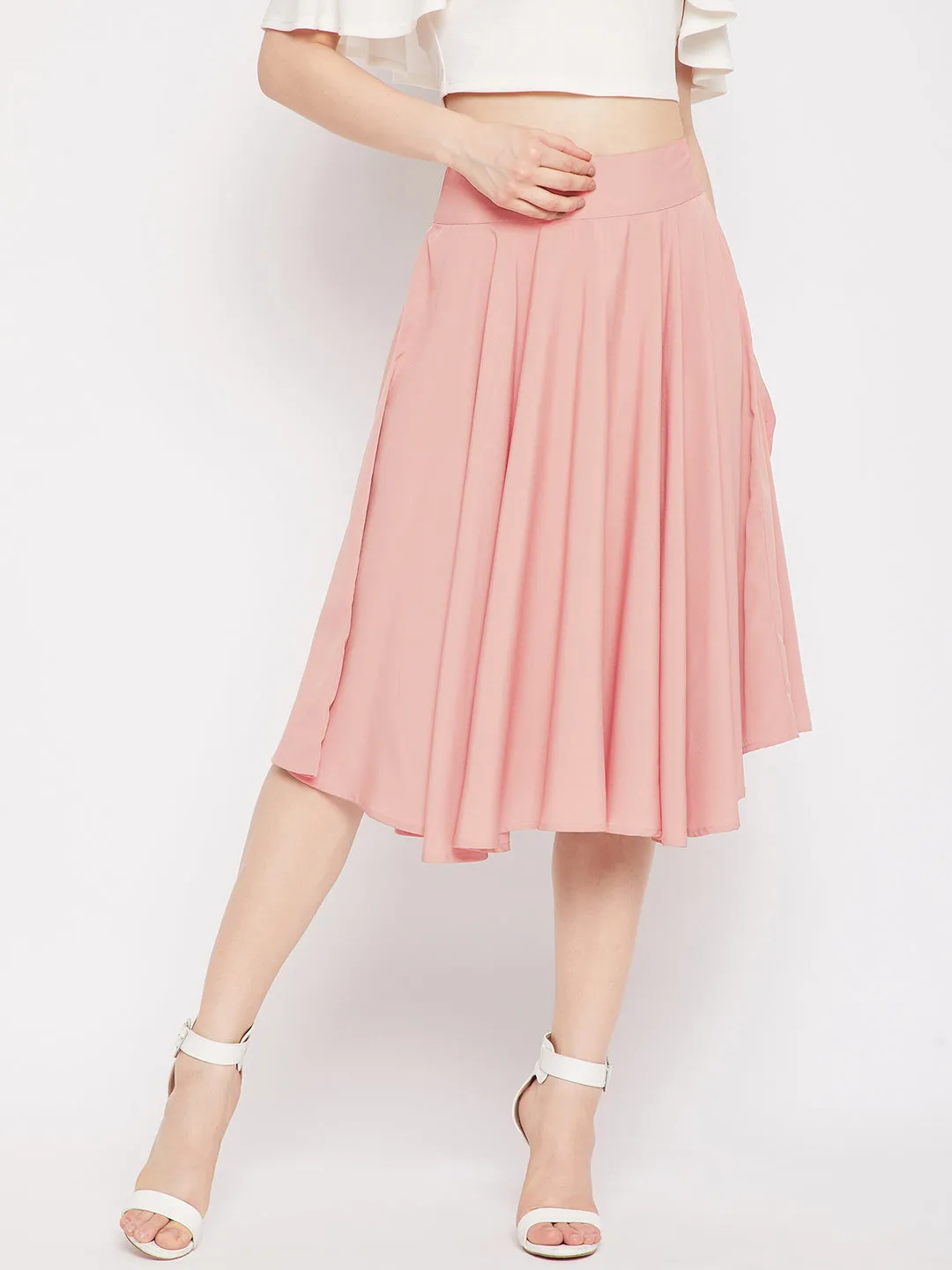 Berrylush Women Solid Pink Mid-Rise Elastic Waist Flared A-Line Midi Skirt