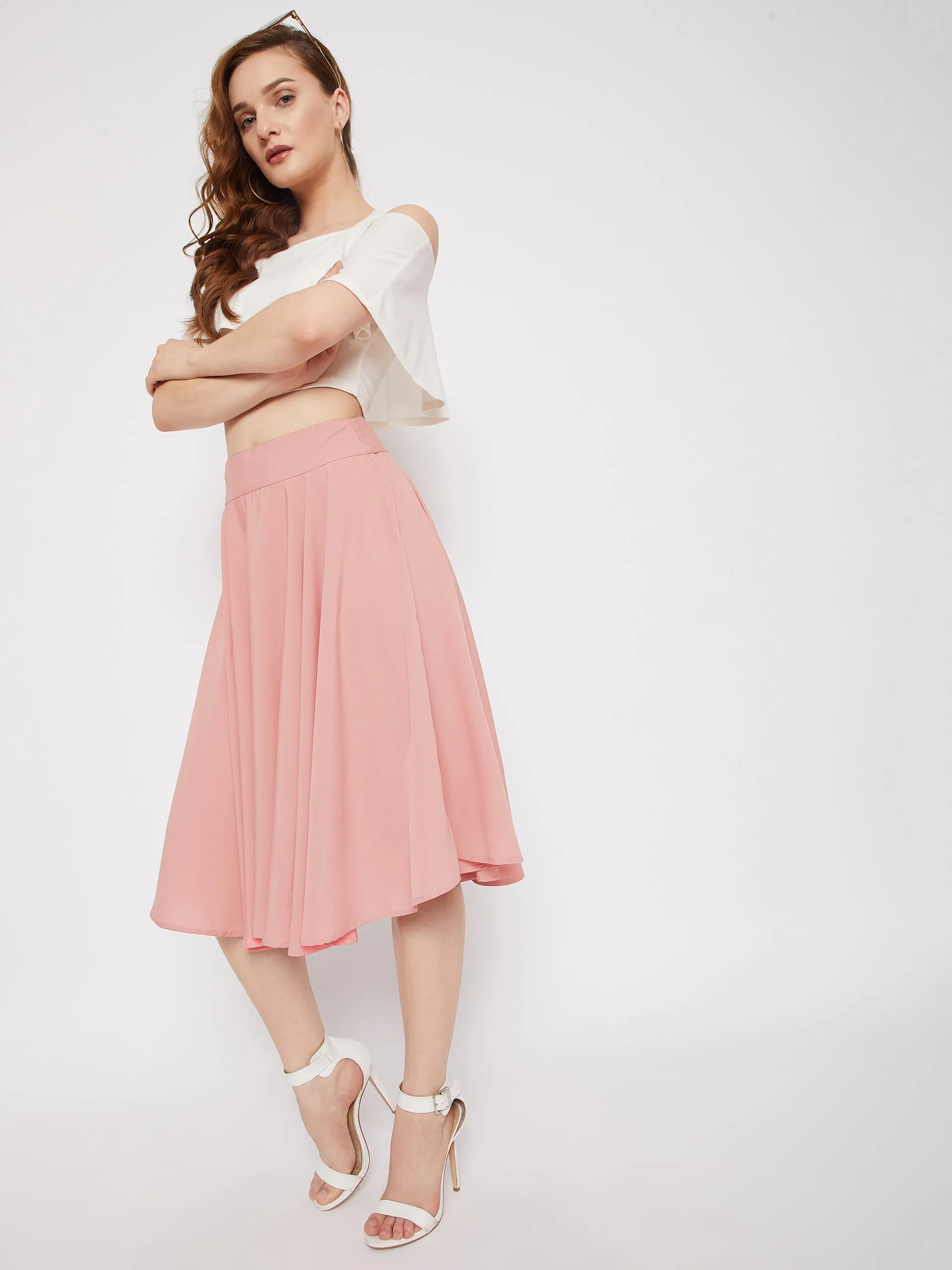 Berrylush Women Solid Pink Mid-Rise Elastic Waist Flared A-Line Midi Skirt