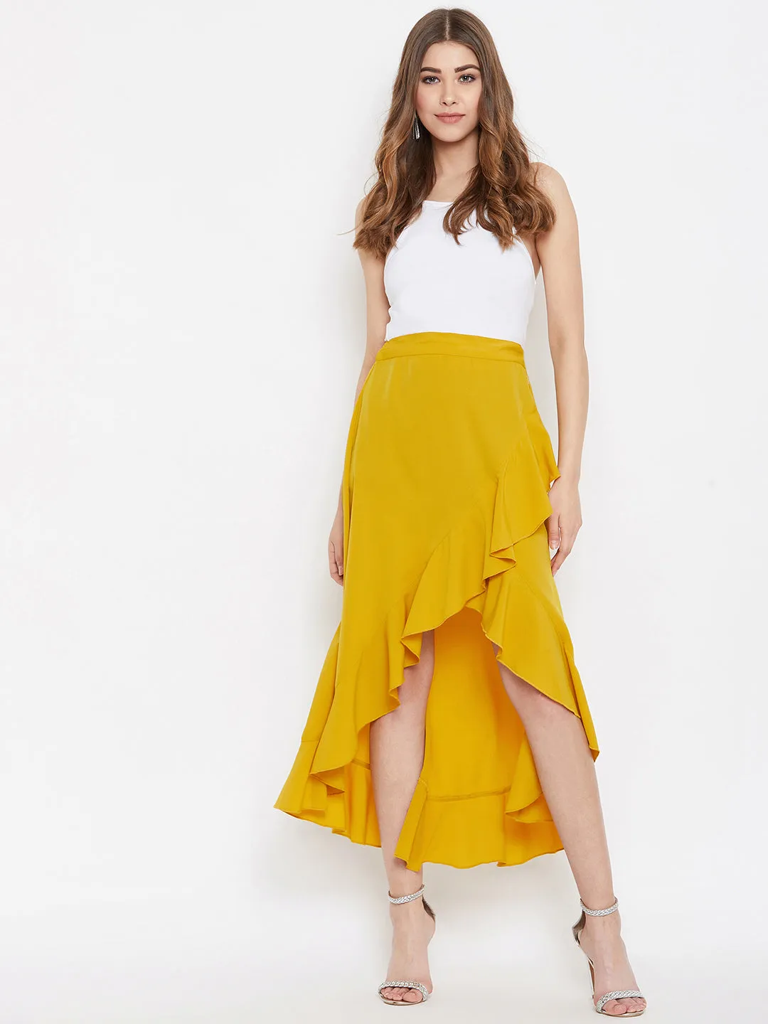 Berrylush Women Solid Yellow High-Low Ruffled Wrap Midi Skirt