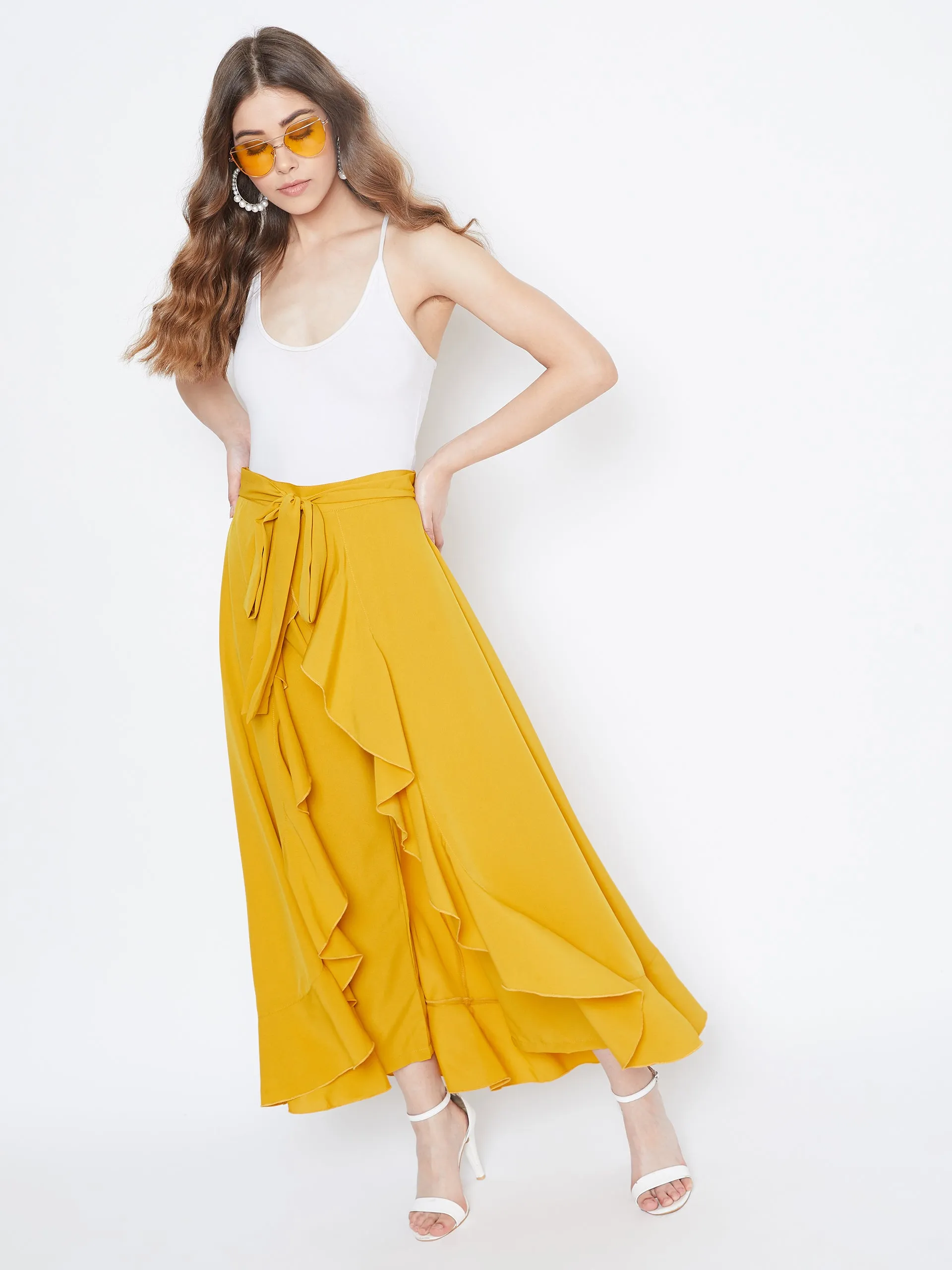 Berrylush Women Solid Yellow Waist Tie-Up Ruffled Maxi Skirt With Attached Trousers