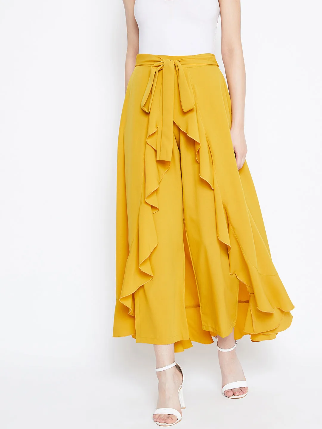 Berrylush Women Solid Yellow Waist Tie-Up Ruffled Maxi Skirt With Attached Trousers