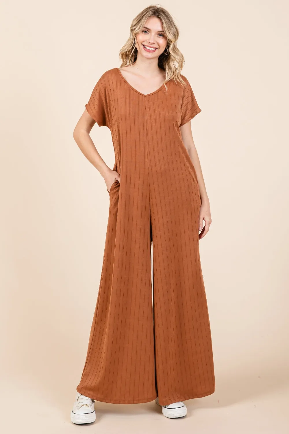 Beryl - Ribbed Short Sleeve Wide Leg Jumpsuit - Camel - Exclusively Online