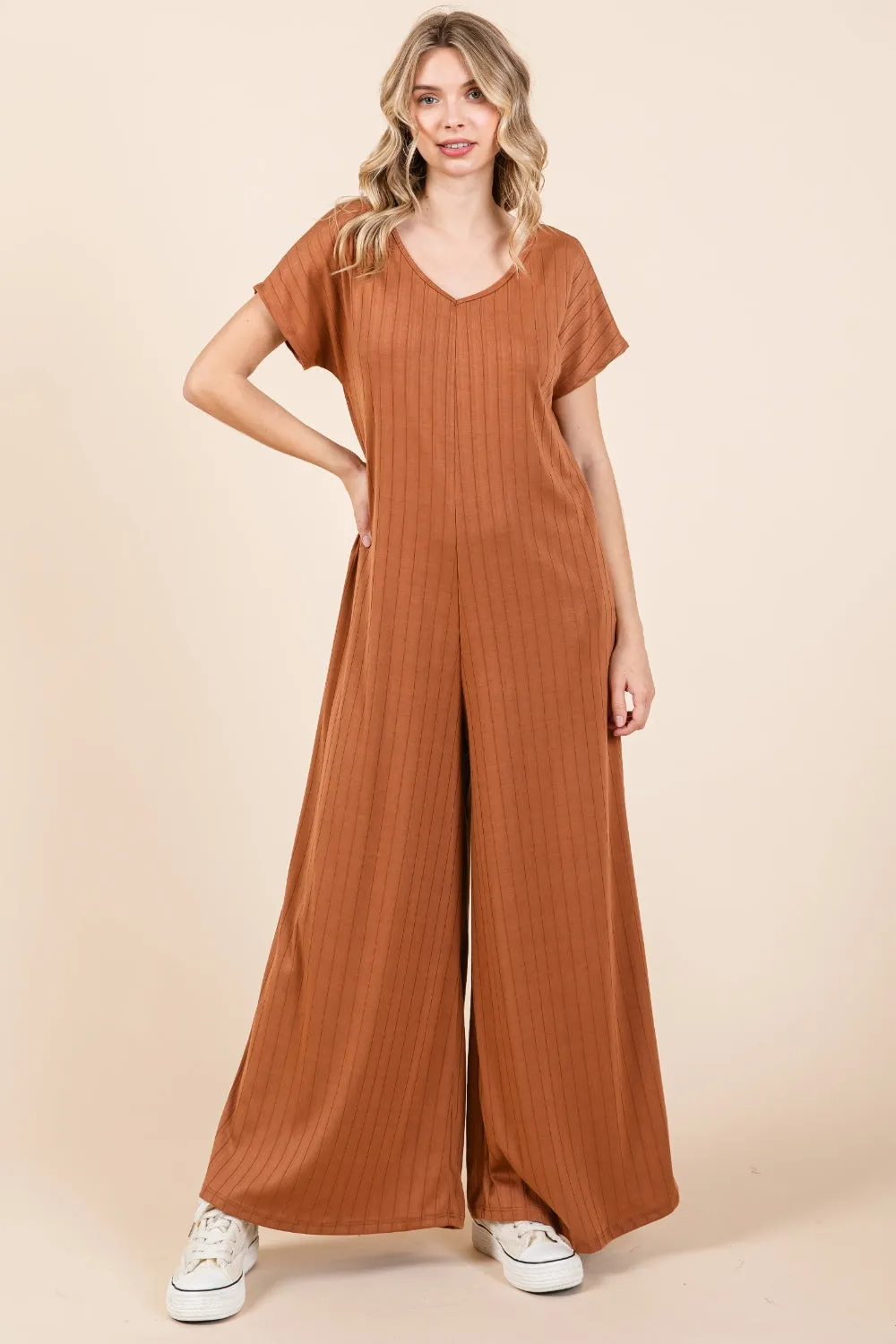 Beryl - Ribbed Short Sleeve Wide Leg Jumpsuit - Camel - Exclusively Online