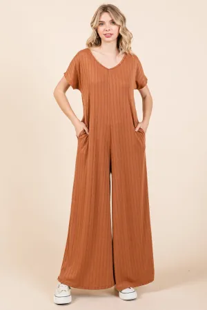 Beryl - Ribbed Short Sleeve Wide Leg Jumpsuit - Camel - Exclusively Online