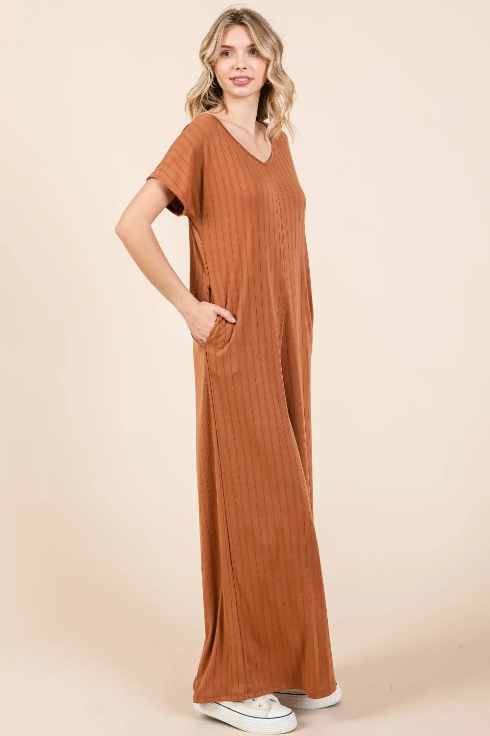 Beryl - Ribbed Short Sleeve Wide Leg Jumpsuit - Camel - Exclusively Online