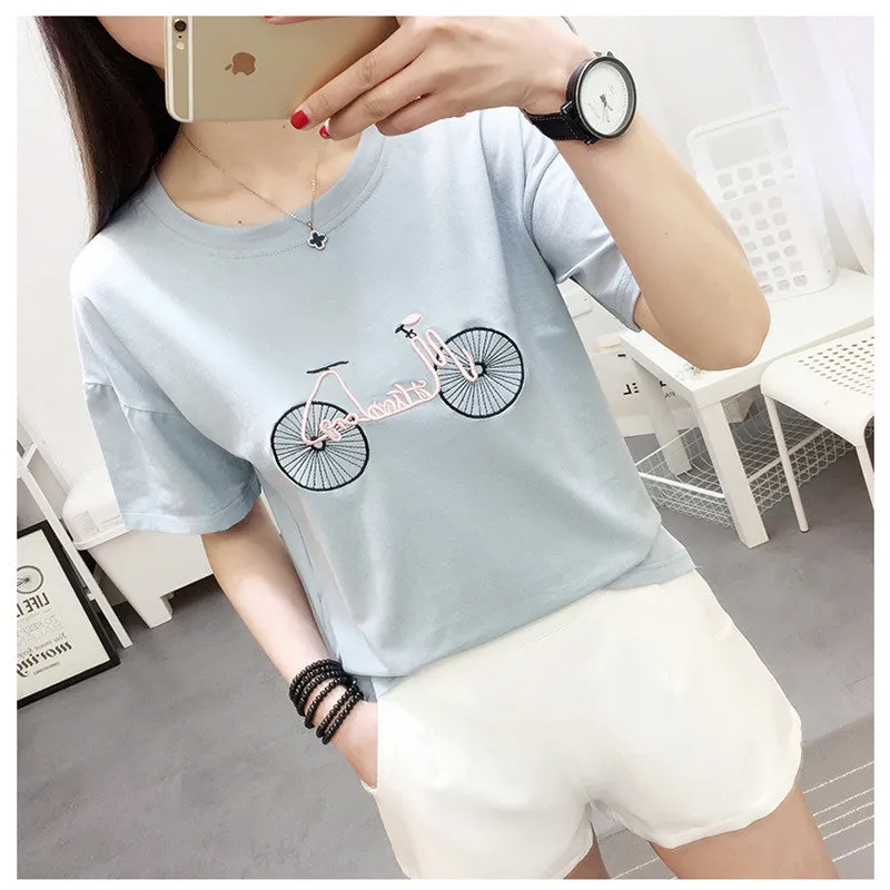 Bicycle Embroidery Harajuku Style Cotton Shirt