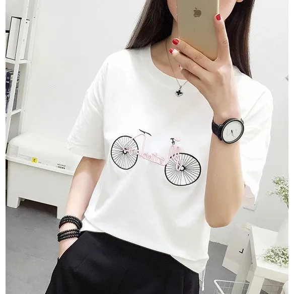 Bicycle Embroidery Harajuku Style Cotton Shirt