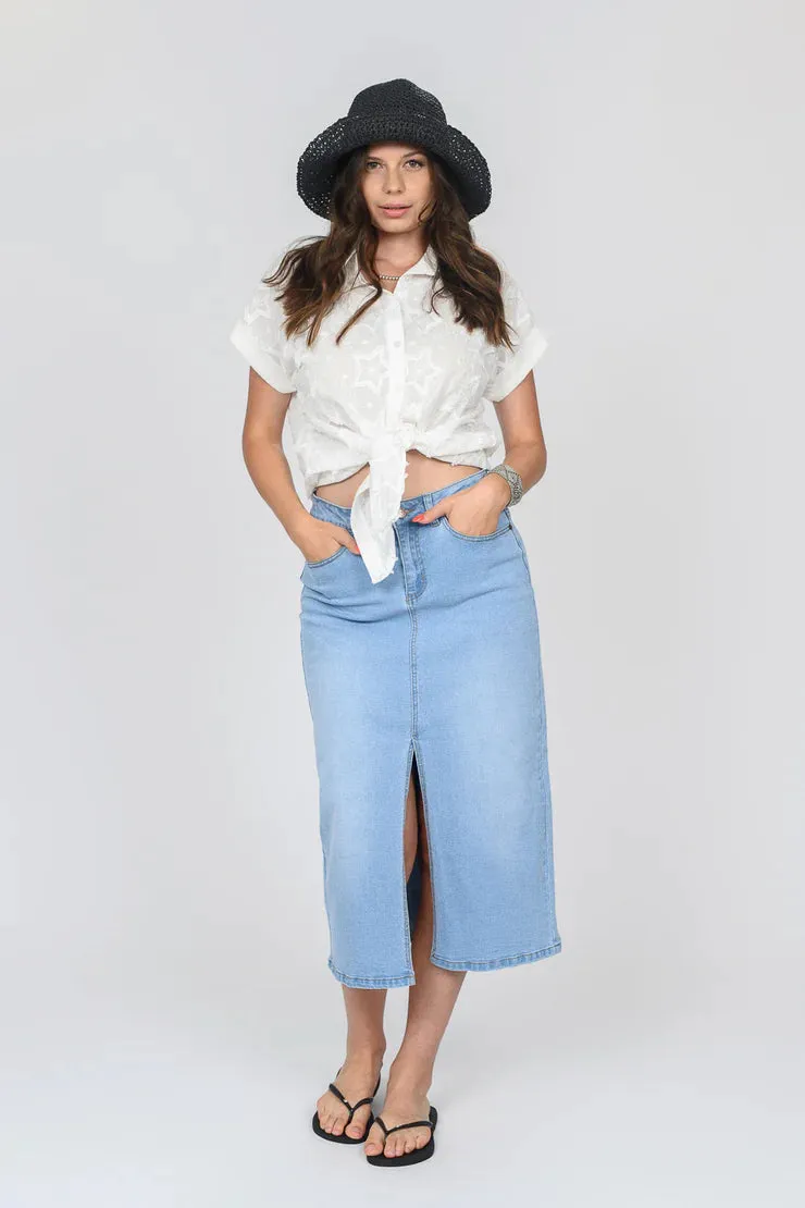 BLEACH DENIM FRONT SLIT SKIRT