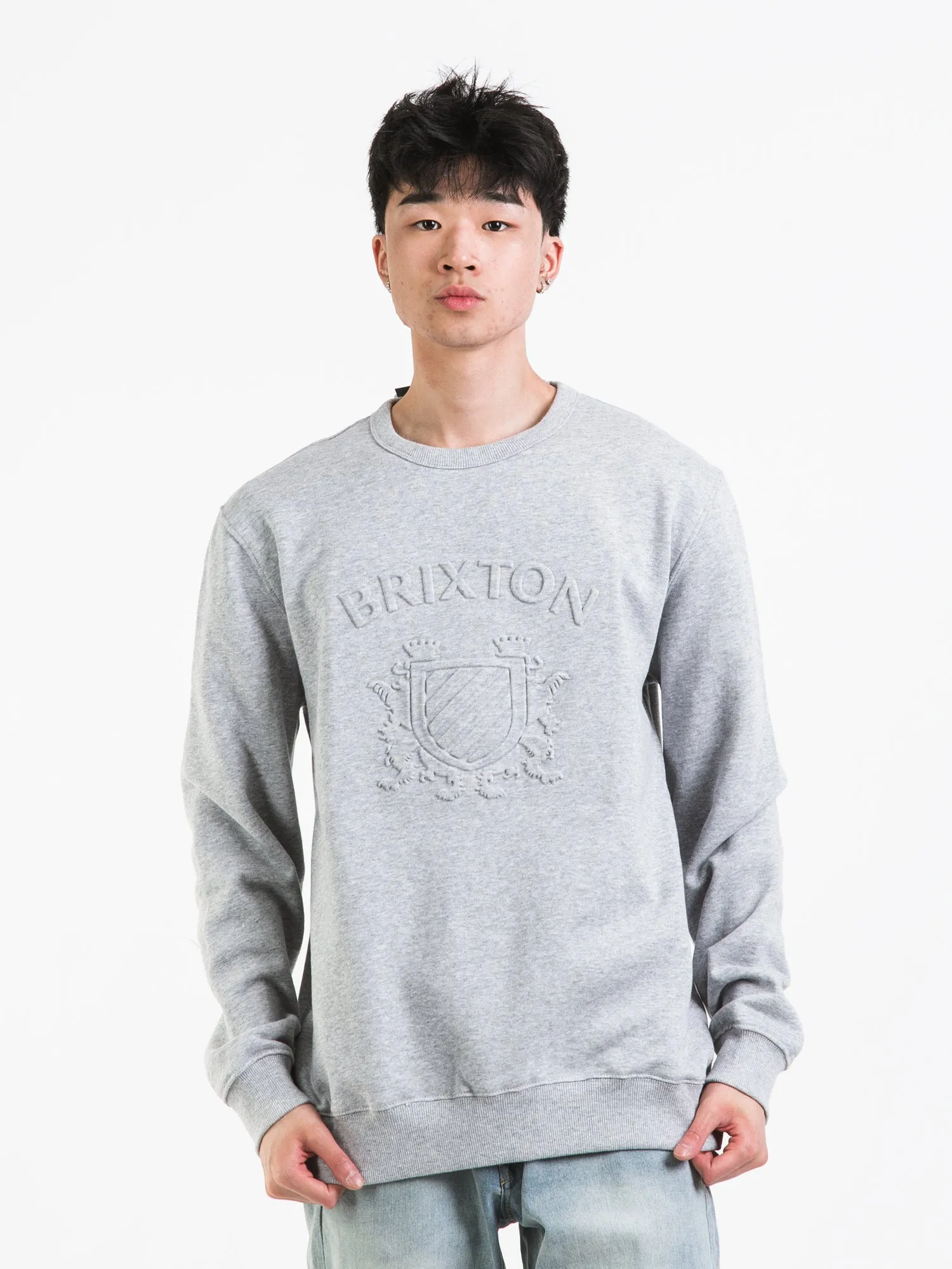 BRIXTON LION CREST CREWNECK SWEATER HEATHER GREY - CLEARANCE