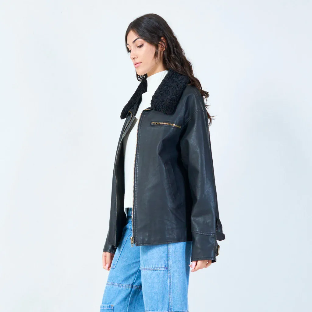 Casual bomber jacket with faux shearling collar wholesale