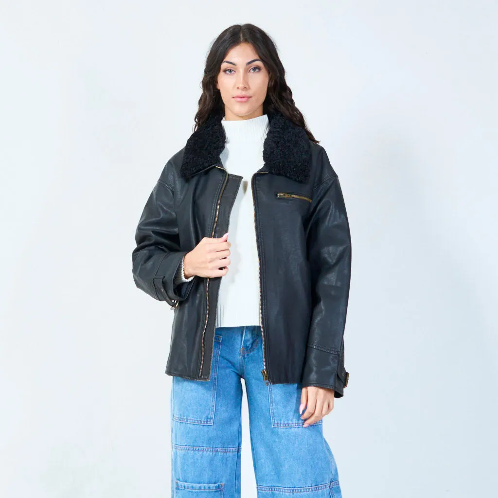 Casual bomber jacket with faux shearling collar wholesale