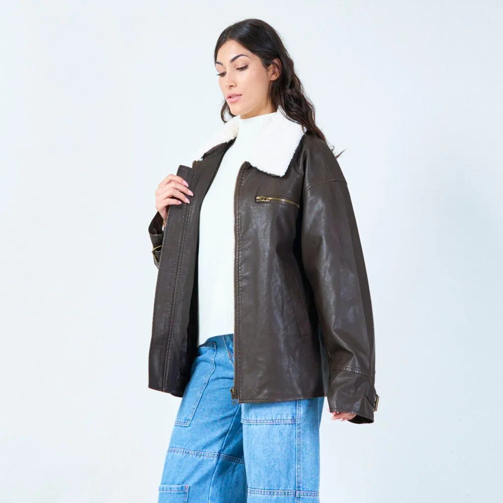 Casual bomber jacket with faux shearling collar wholesale