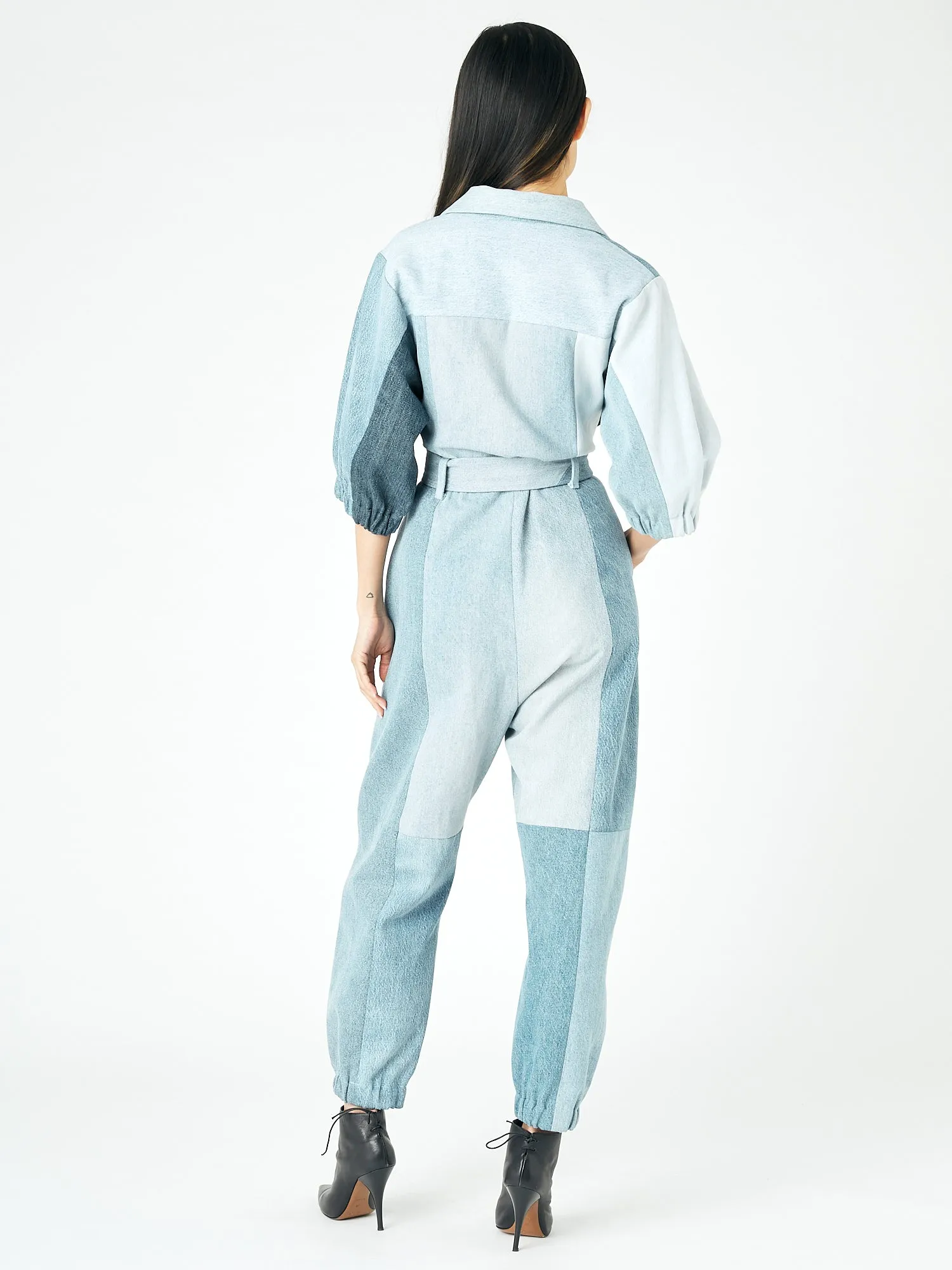 Classic Denim Jumpsuit PatchworkBlue