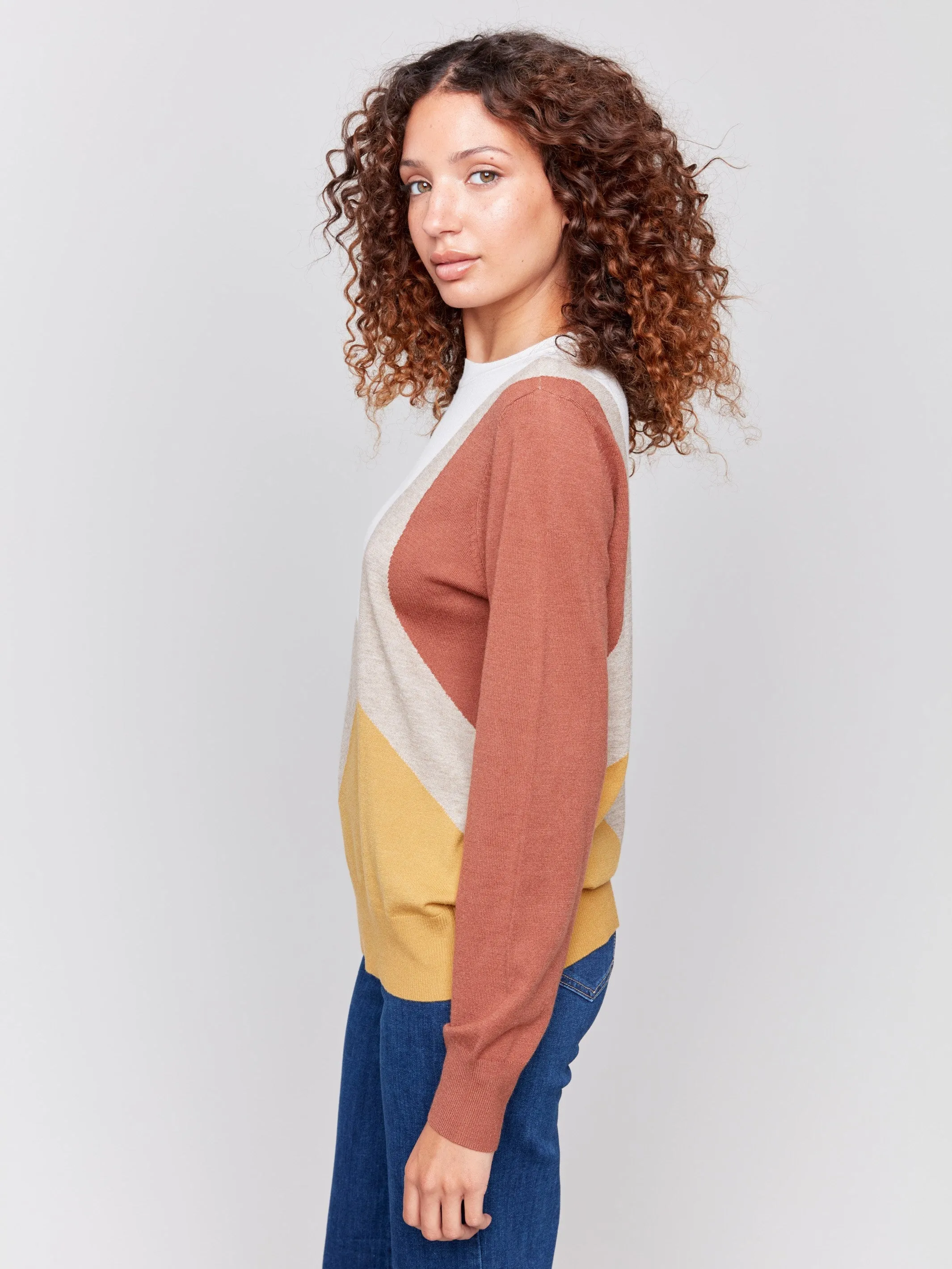 Color Block Crew Neck Sweater - Ecru