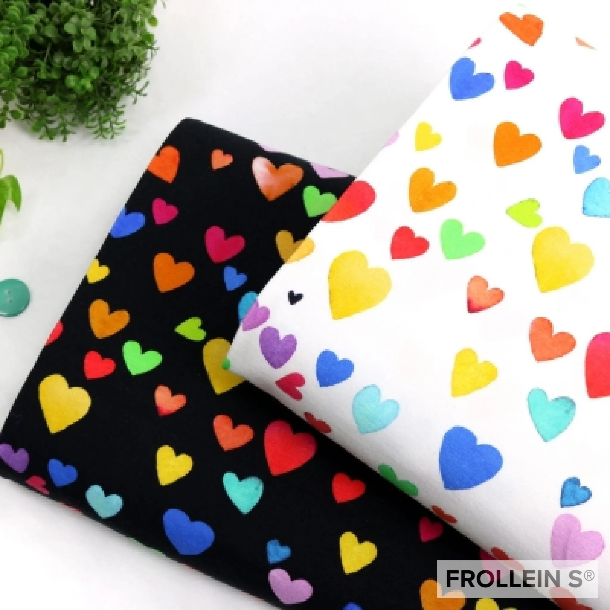 Cotton Jersey - Colorful Rainbow Hearts - Black