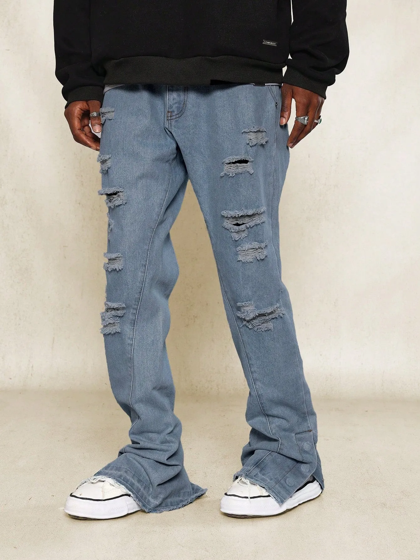 Flare Fit Ripped Raw Edge Denim Jean With  Side Snap Split