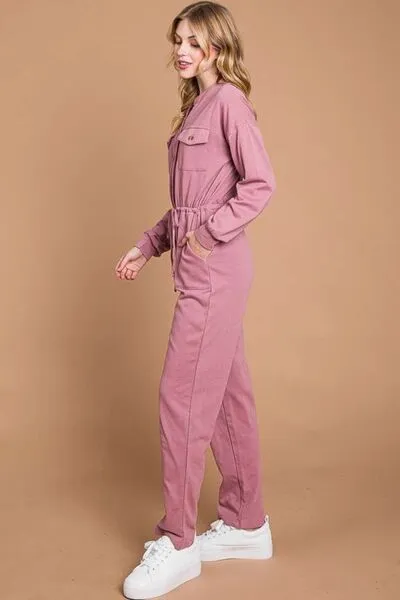 Full Size Button Up Drawstring Waist Straight Jumpsuit