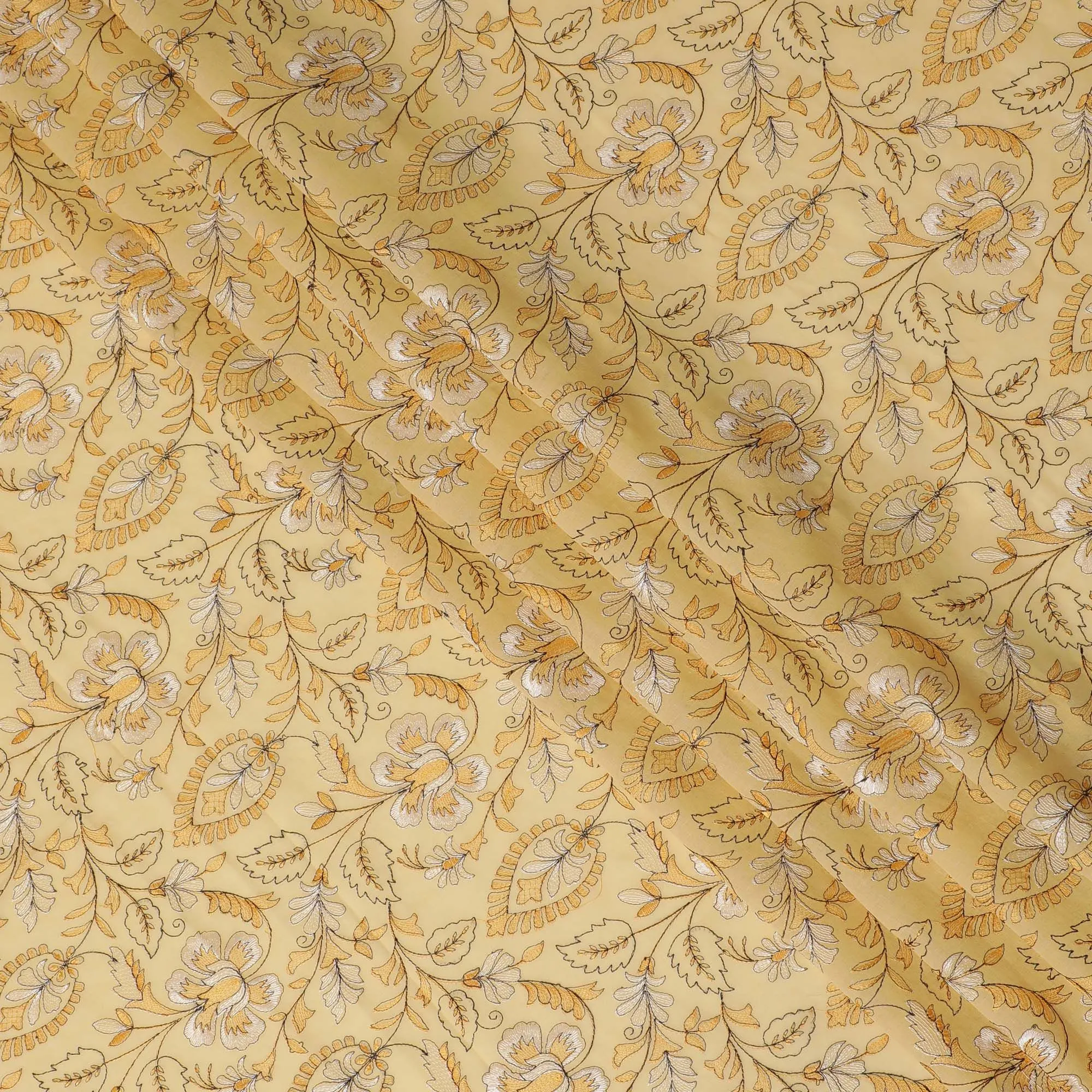 Golden Harvest Embroidered Cotton Lawn Fabric - Sun-Kissed Yellow with White Florals, 110cm Width-D18752