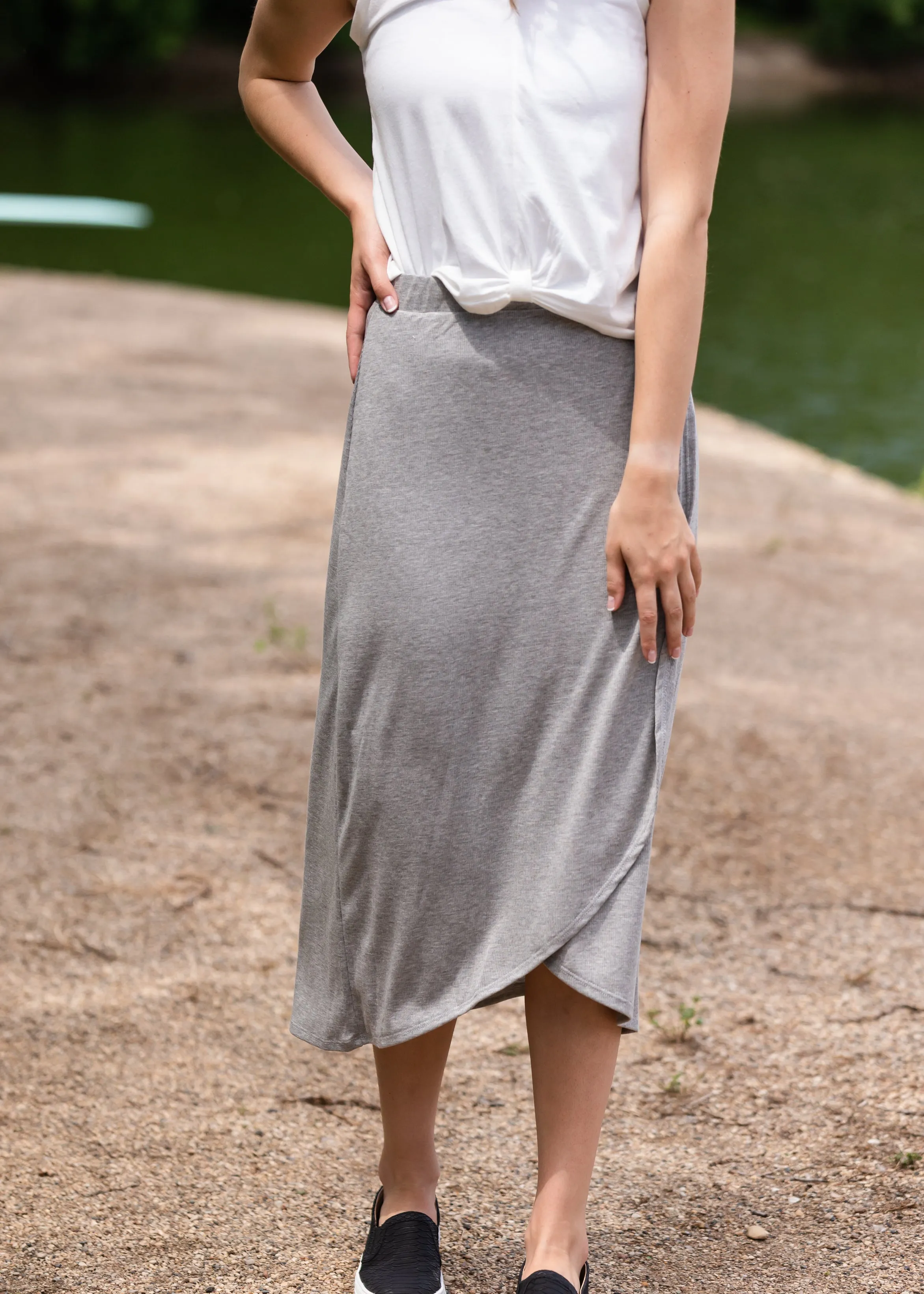 Gray Elastic Waist Knit Midi Skirt - FINAL SALE