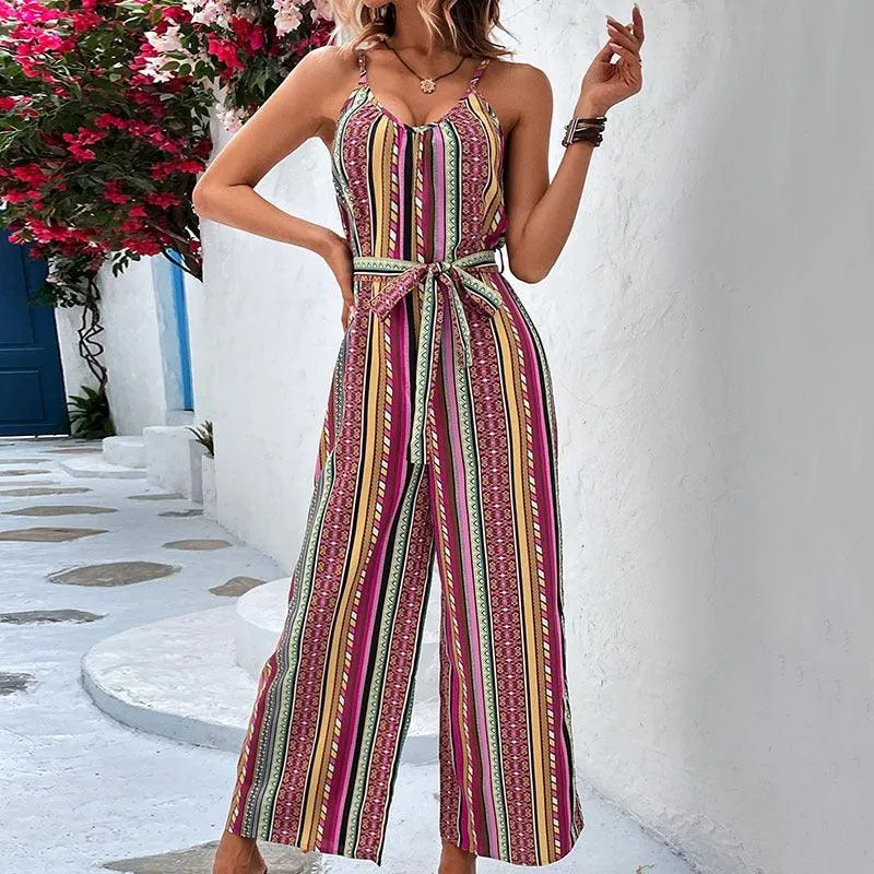 Halter Neck Striped Resort Style Jumpsuit for Women