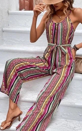 Halter Neck Striped Resort Style Jumpsuit for Women