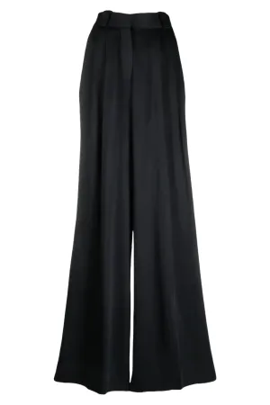 Husi Navy Pleated Wide-leg Satin Trousers