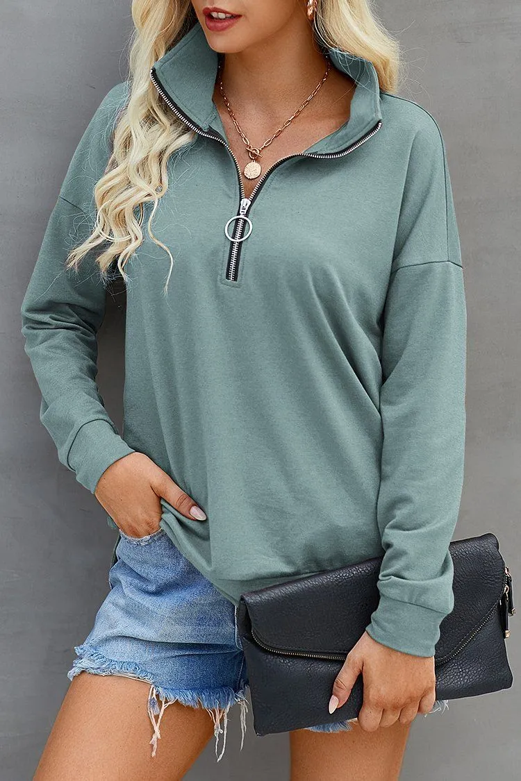 Lake Blue Lightweight Solid Zip Pullover Sweatshirts