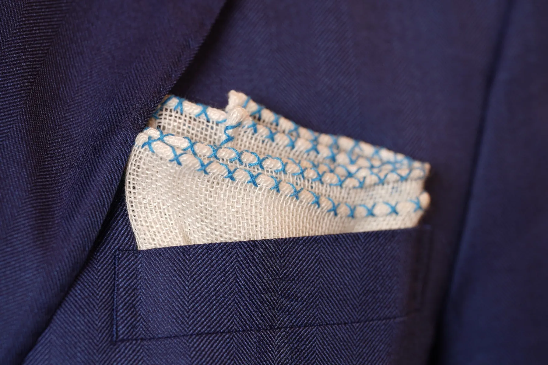 Light Blue X-Stitch Edge White Linen Pocket Square