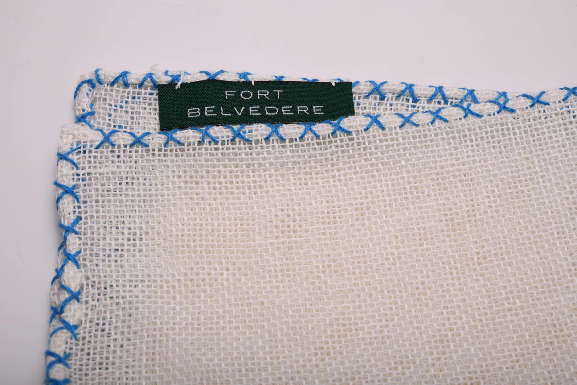 Light Blue X-Stitch Edge White Linen Pocket Square