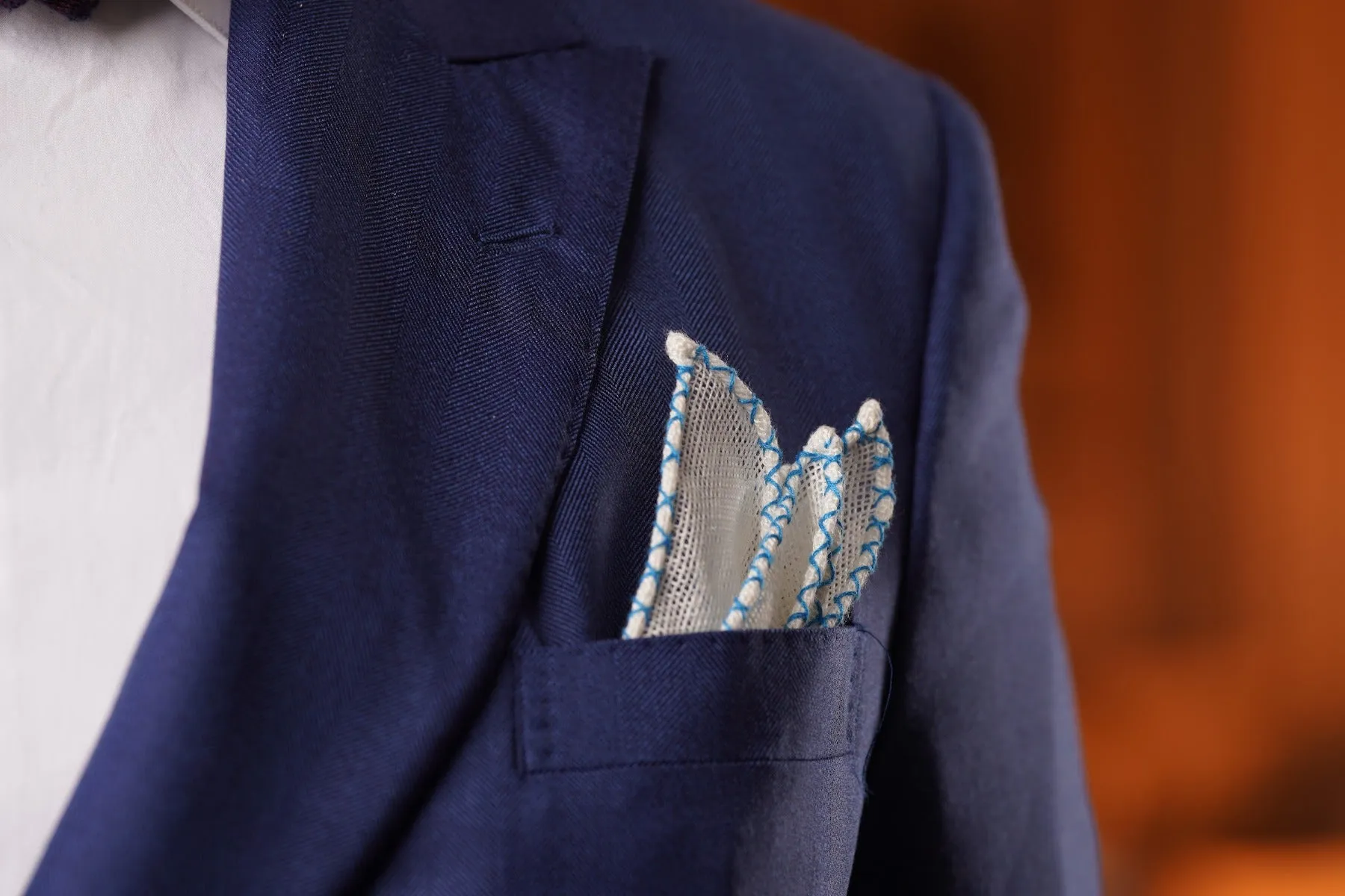 Light Blue X-Stitch Edge White Linen Pocket Square