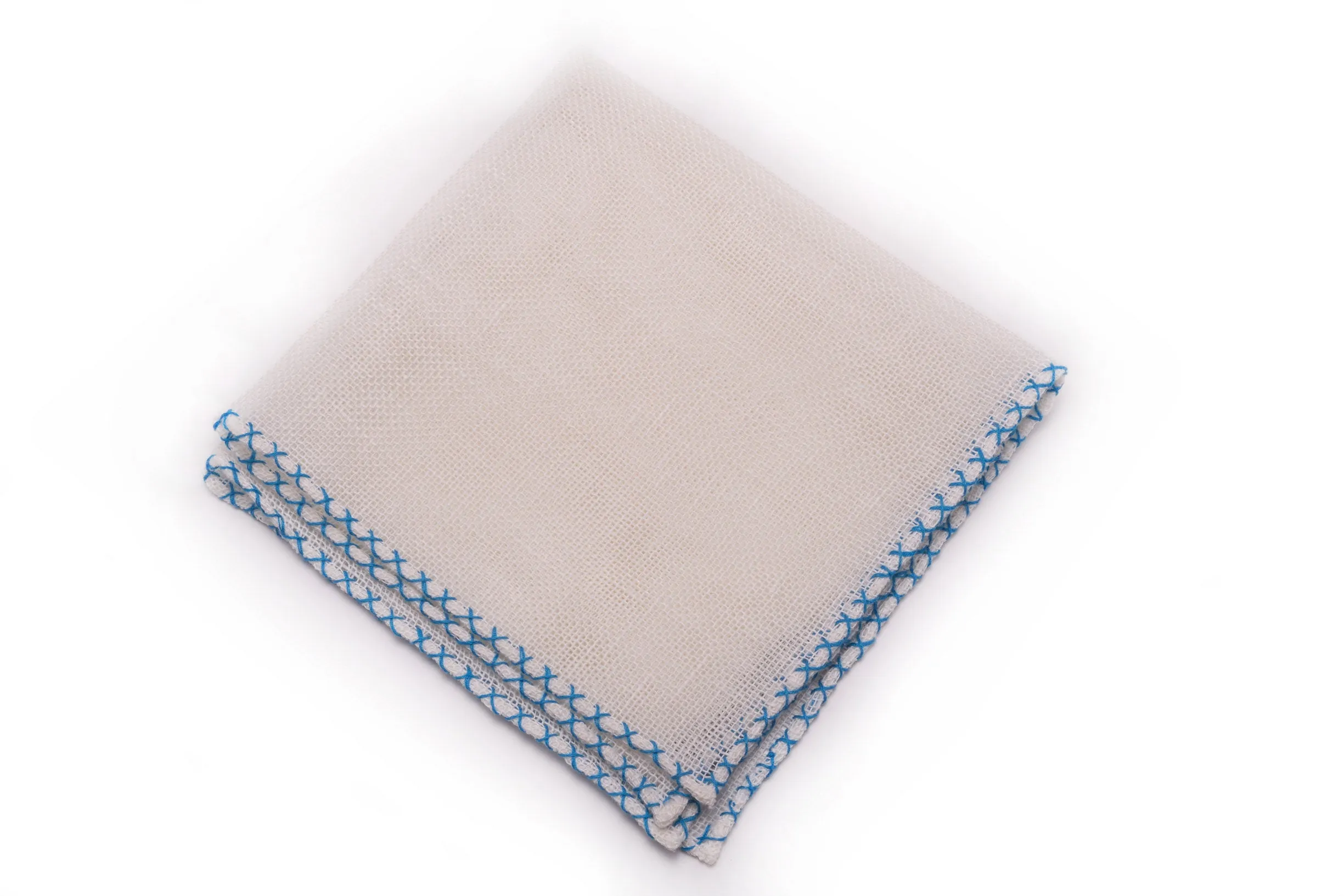 Light Blue X-Stitch Edge White Linen Pocket Square