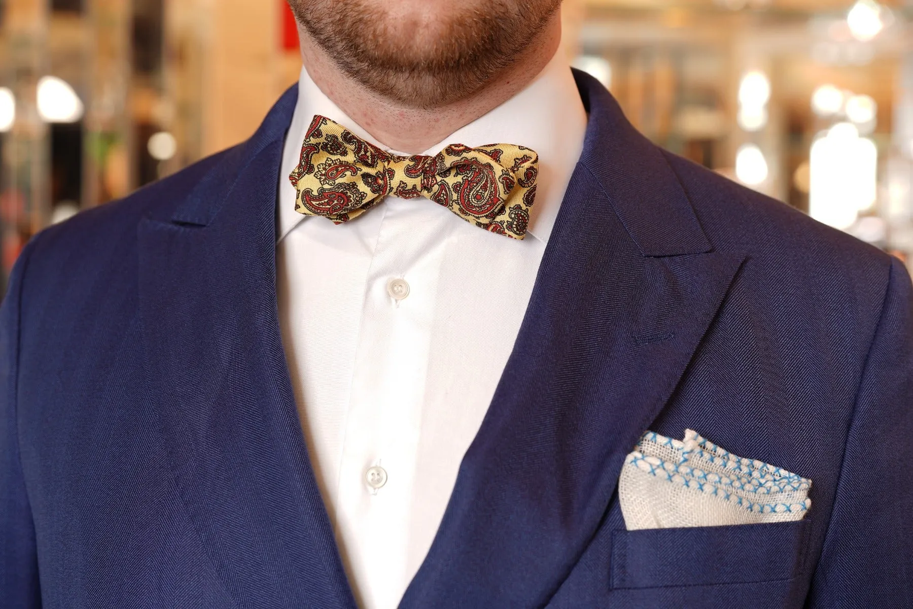 Light Blue X-Stitch Edge White Linen Pocket Square