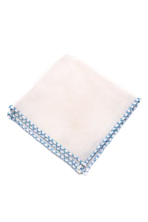 Light Blue X-Stitch Edge White Linen Pocket Square