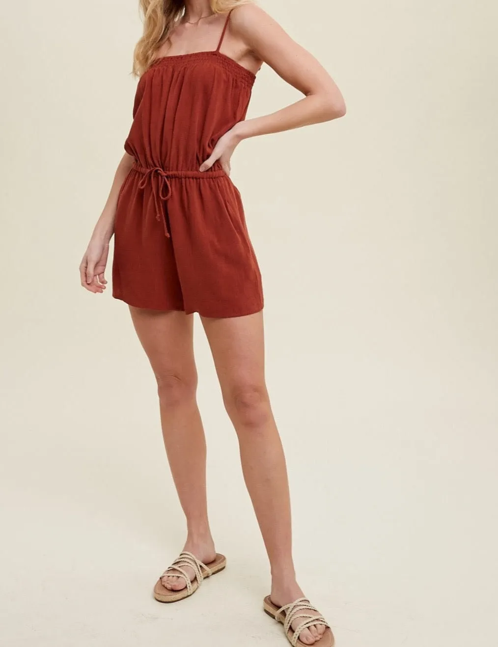 Linen Drawstring Romper with Smocked Detail